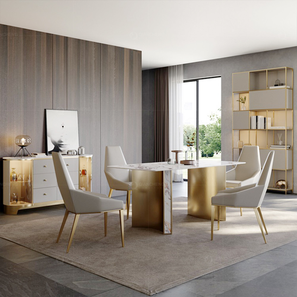 Marble Top SS Steel Furniture Simple Gold Legs Dining Table Set 4 Seater