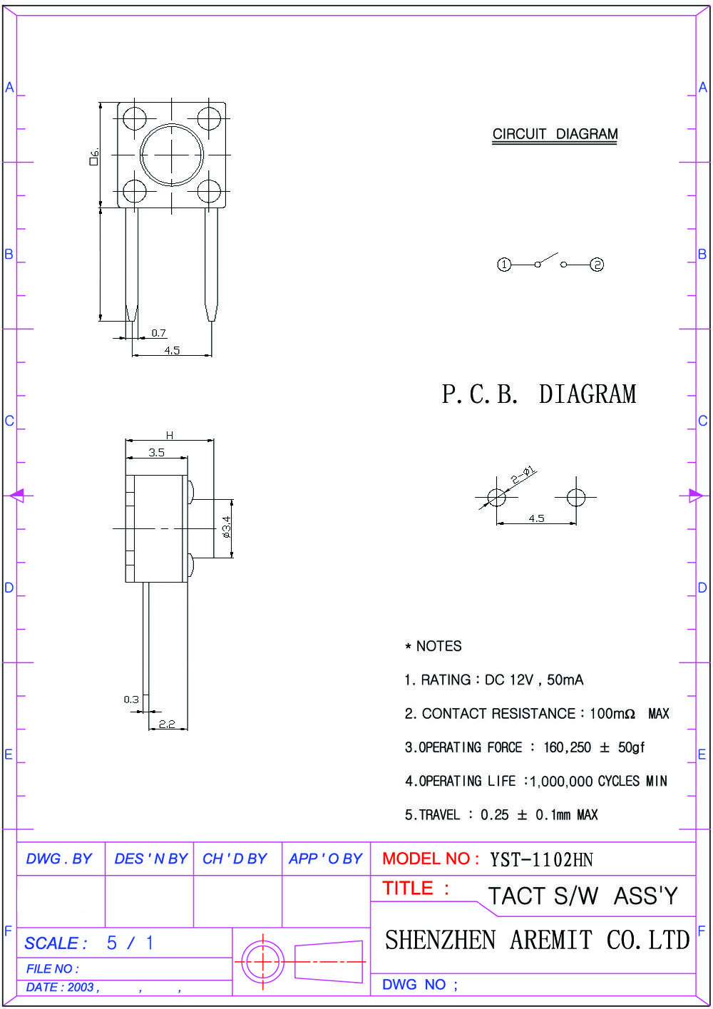 DIP Tact Switch YST-1102HN