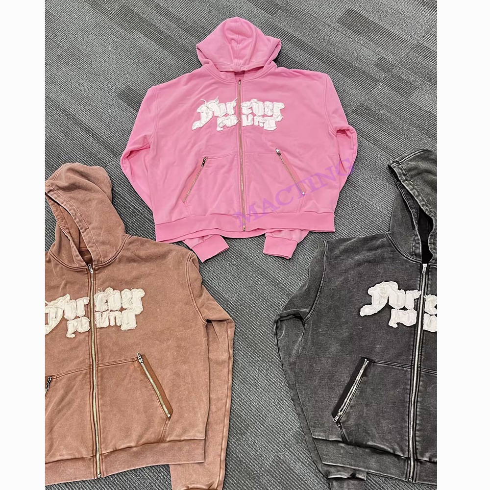 500 Gsm Thick Cotton Zipper Pockets Patched Embroidery Hoodie Men Lined Custom Hoodies