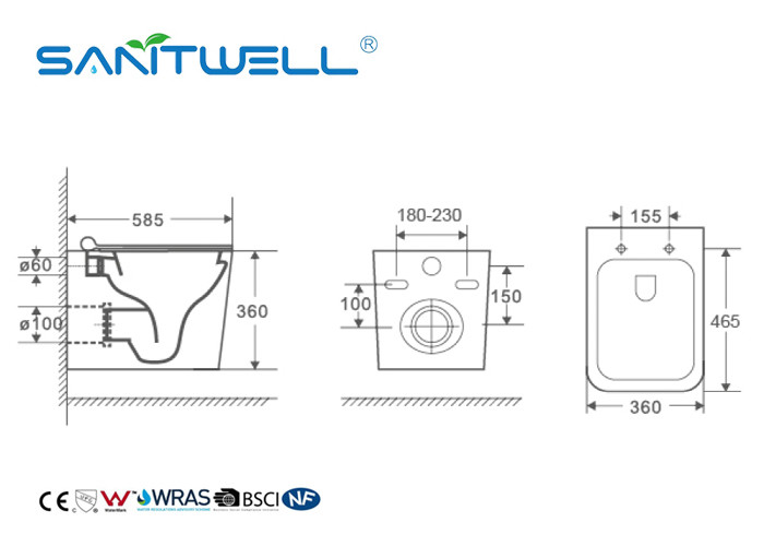 White Color Wall Mounted WC Wall Hung Toilet Sewage Smooth 585 * 360 * 360mm