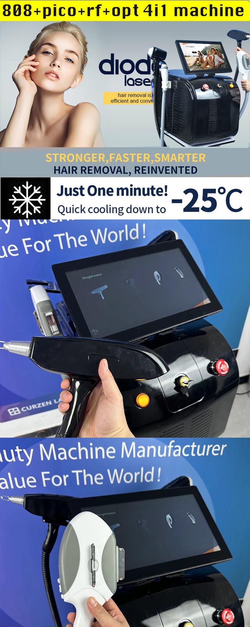 E - Light Triple Wavelength Diode Laser Hair Removal 4 In 1 Ipl Opt Diode Rf Nd Yag