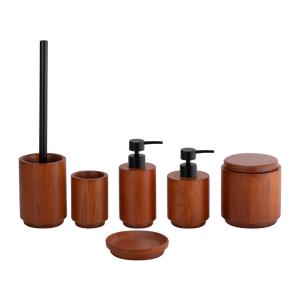 China Natural OAK Wooden Bathroom Accessories Set Round Shape Black Pump Head Toothbrush Cup Bathroom Sets Wooden Soap Dish wholesale