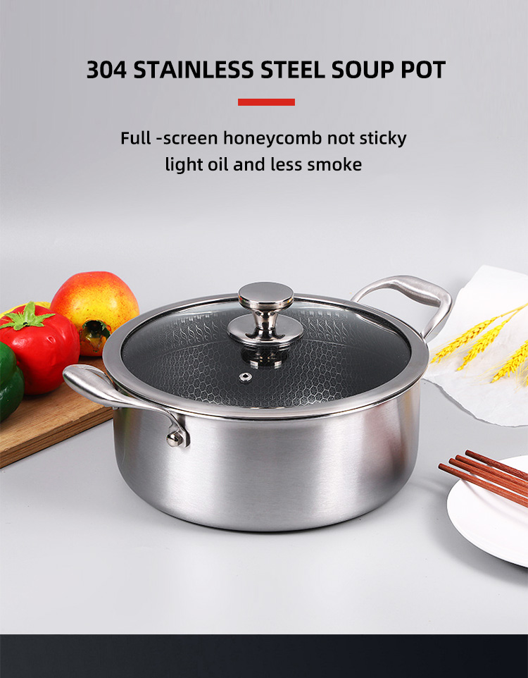 Custom Induction 18/8 Stainless Steel Cooking Pot Honeycomb Non Stick Cooking Soup Pot With Glass Lid