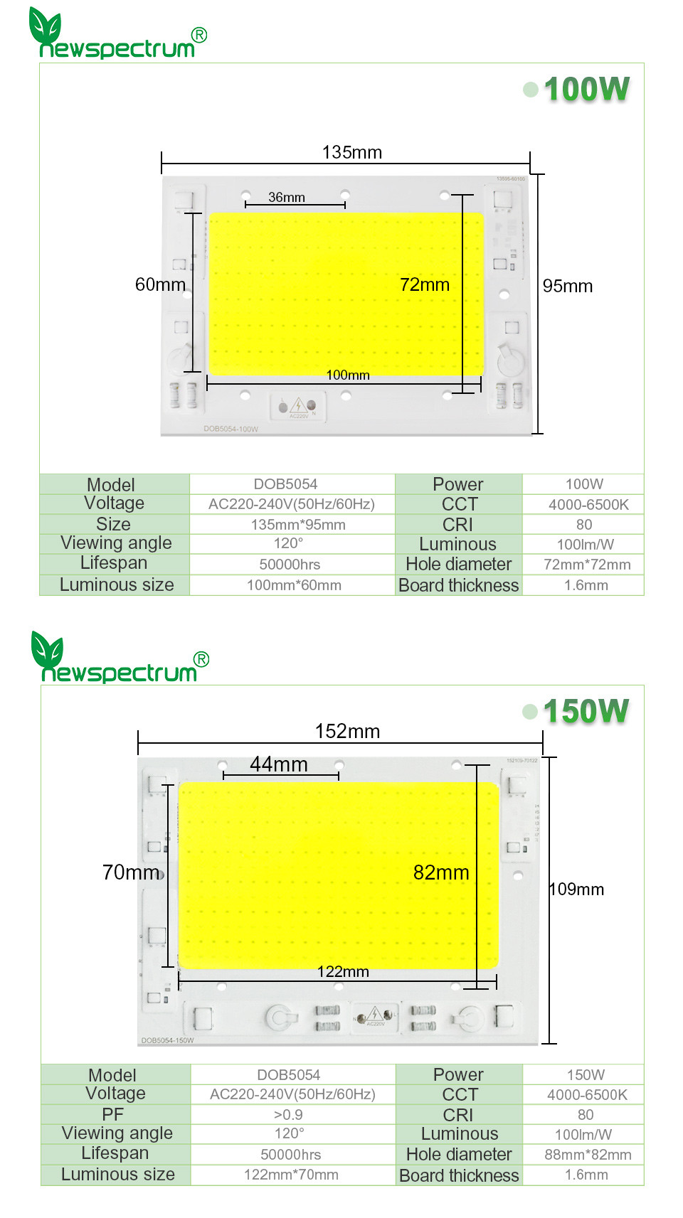 240V Dimming Cob LED Chip 6000K With AC100-240V Voltage 50000hrs Lifespan