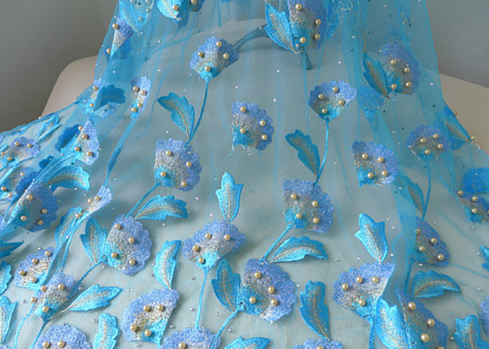 Luxurious Embroidery Ice Blue Beaded Lace Fabric With Ginkgo Leaf Gold Pearl