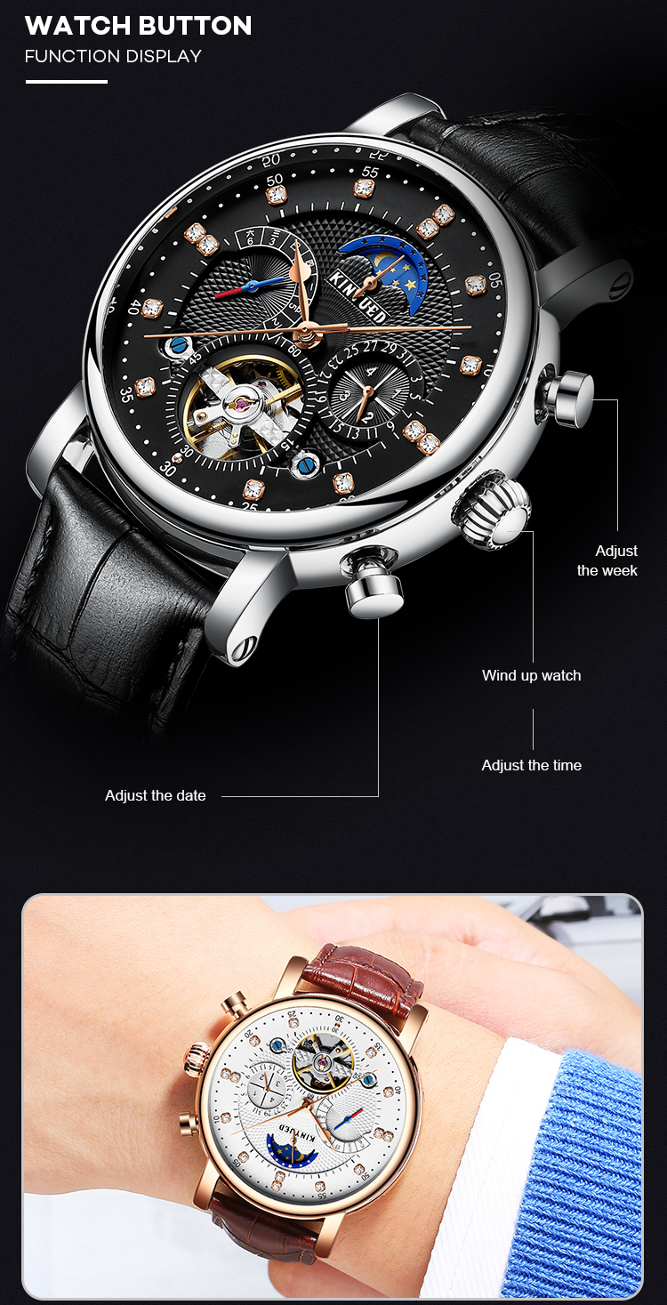 KINYUED Men Luxury Brand Wrist Watch Strap Mechanical Automatic Moon Phase Watch Relojes