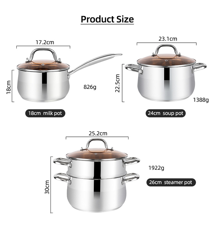 Wholesale 18/8 Stainless Steel Cooking Soup Pot Set Kitchen Ware Double Bottom Induction Pan & Pot Set Cookware Set