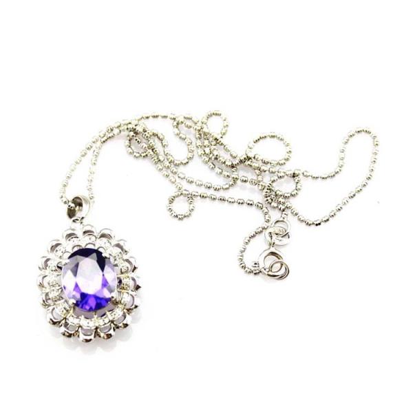 925 Silver 9mmx11mm Oval Amethyst Cubic Zircon Pendan Silver Chain Necklace (PSJ0178)