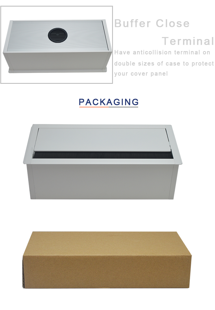 white rectangle table top hole flip cover cable management box with brush