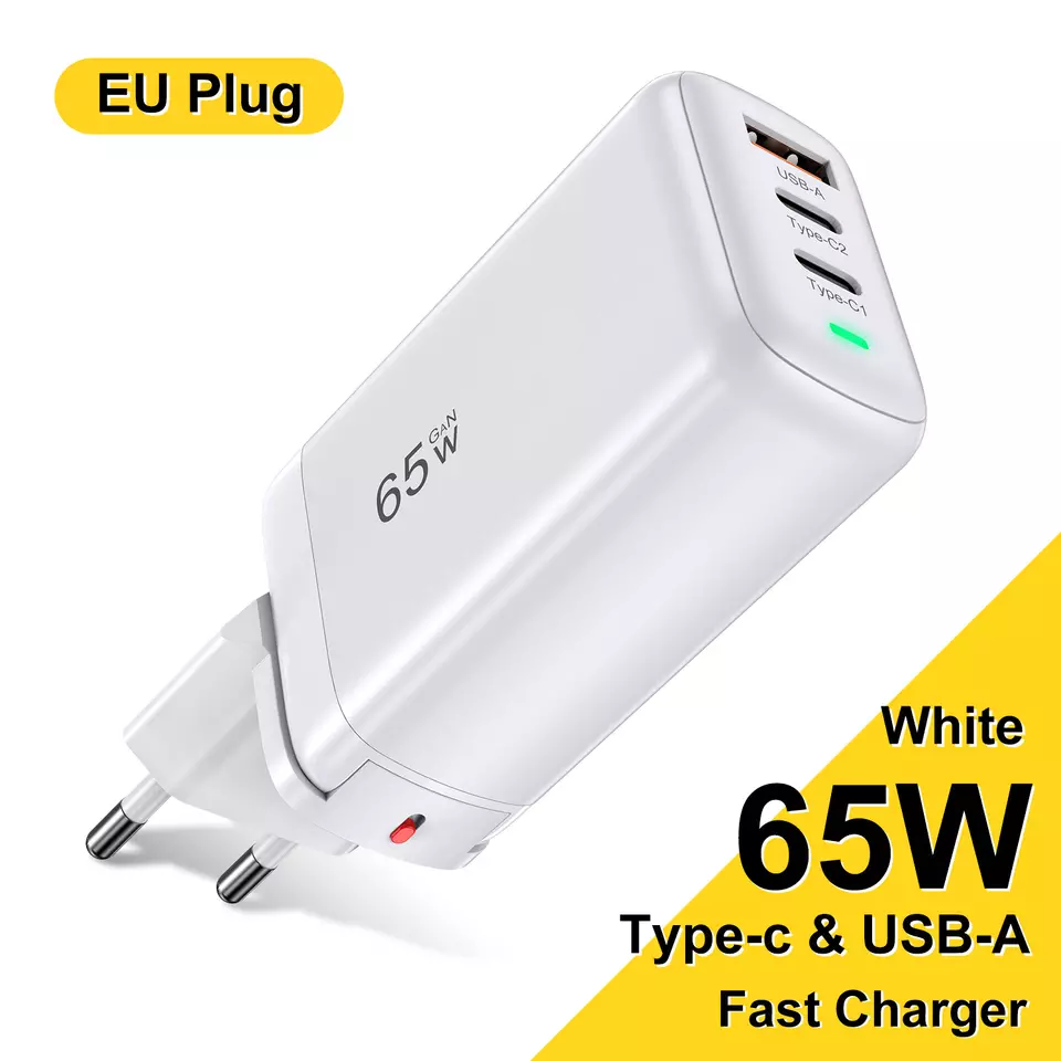 65W GaN 3 Ports USB Type-c Travel Adapter for High Speed Charging of Multiple Devices