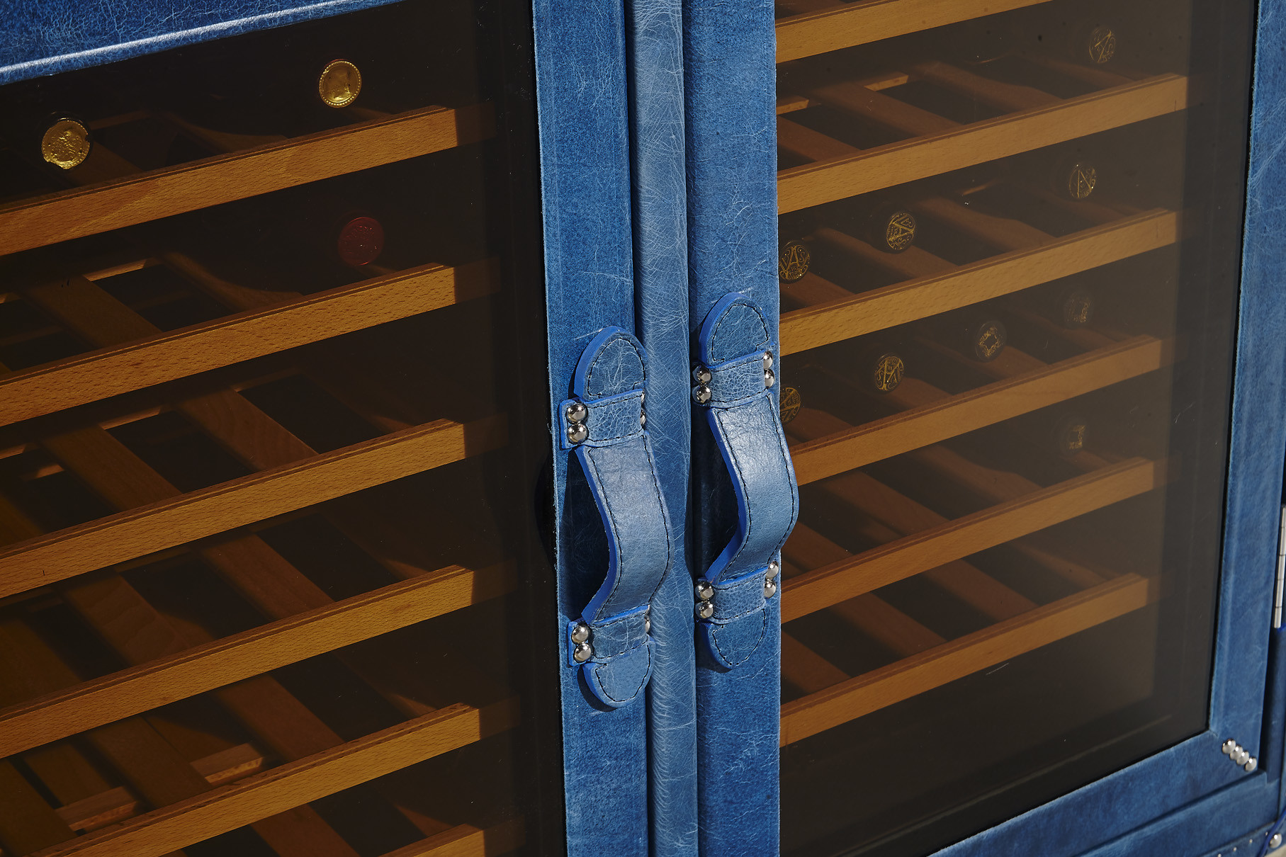 Top Grain Leather Wine Fridge Cabinet , Blue Bar Cabinet With Wine Storage