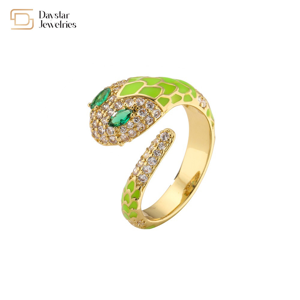 Snake Colorful Enamel Green Diamond Zircon Cobra Ring Cute Adjustable Open