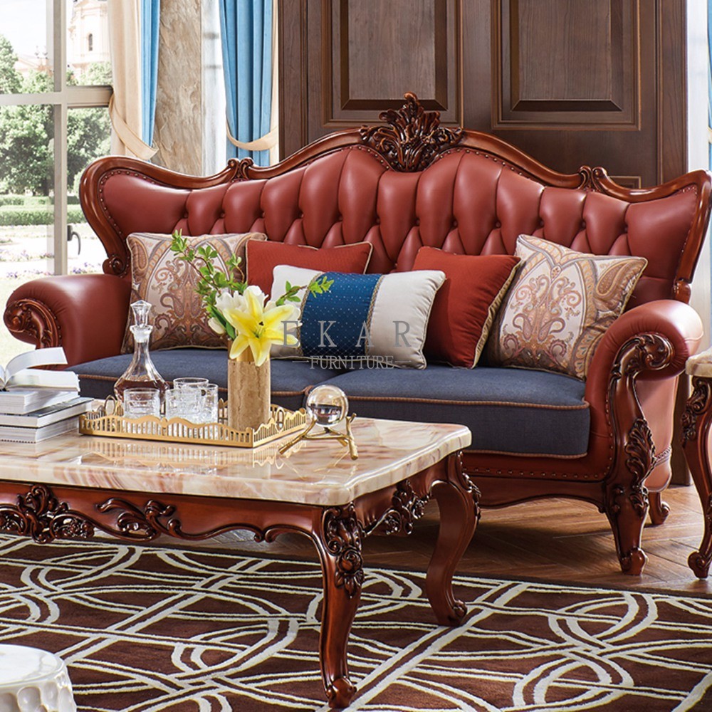 Couch Living Room Set 6 Seater Wooden Leather Sofa