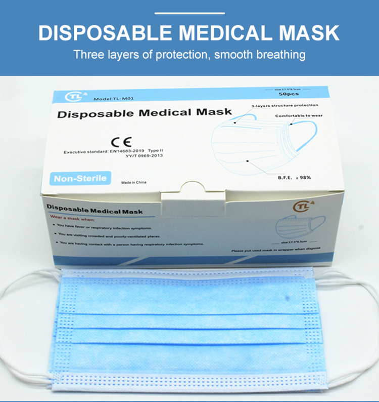 Top Quality None Wave Medical Mask Factory Surgical 3 Layers Disposable Non-woven Face Mask