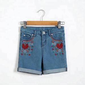 China Flower Embroidery Girls Denim Shorts Knee Length With Adjustable Size Waist wholesale