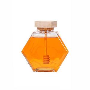 China Wooden Lid 12 Oz 13.4oz Hexagon Glass Honey Jar Transparent wholesale