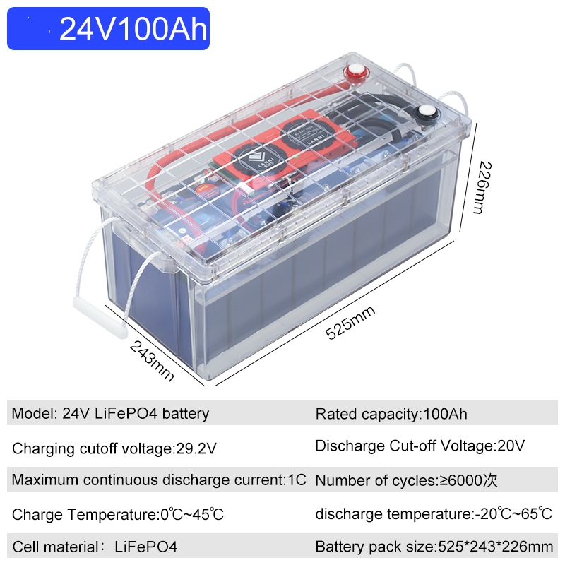 OEM ODM LiFePO4 Battery Most Popular Seller with Transparent Case and Bluetooth Communicator 24V 100Ah