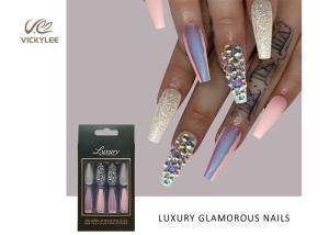 China Glossy Pink Purple Hologram long coffin acrylic nails With Glitter wholesale