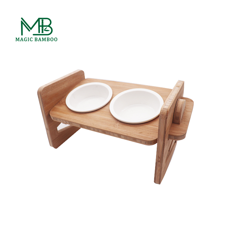 Pet Feeding Food Made Stylish Solid Bamboo Elevated Feeder Stand with Ceramic Bowl