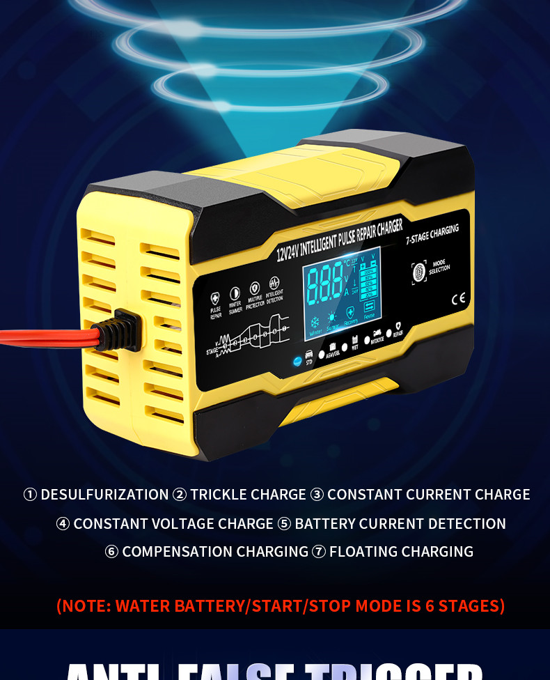12V 24V 15A 7 Stage Intelligent Pulse Charger For Lead Acid Battery
