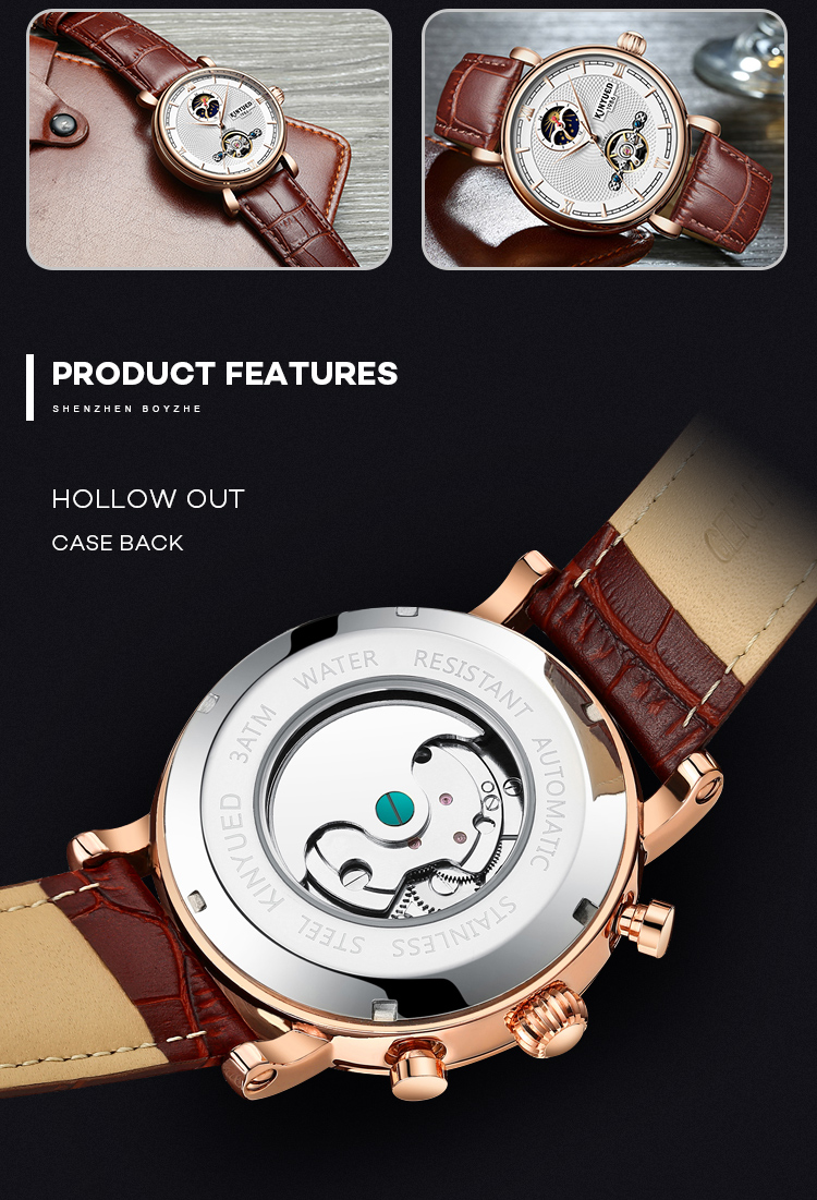 Luxury brand KINYUED water resistant watch tourbillon watch mechanical men's leather automatic
