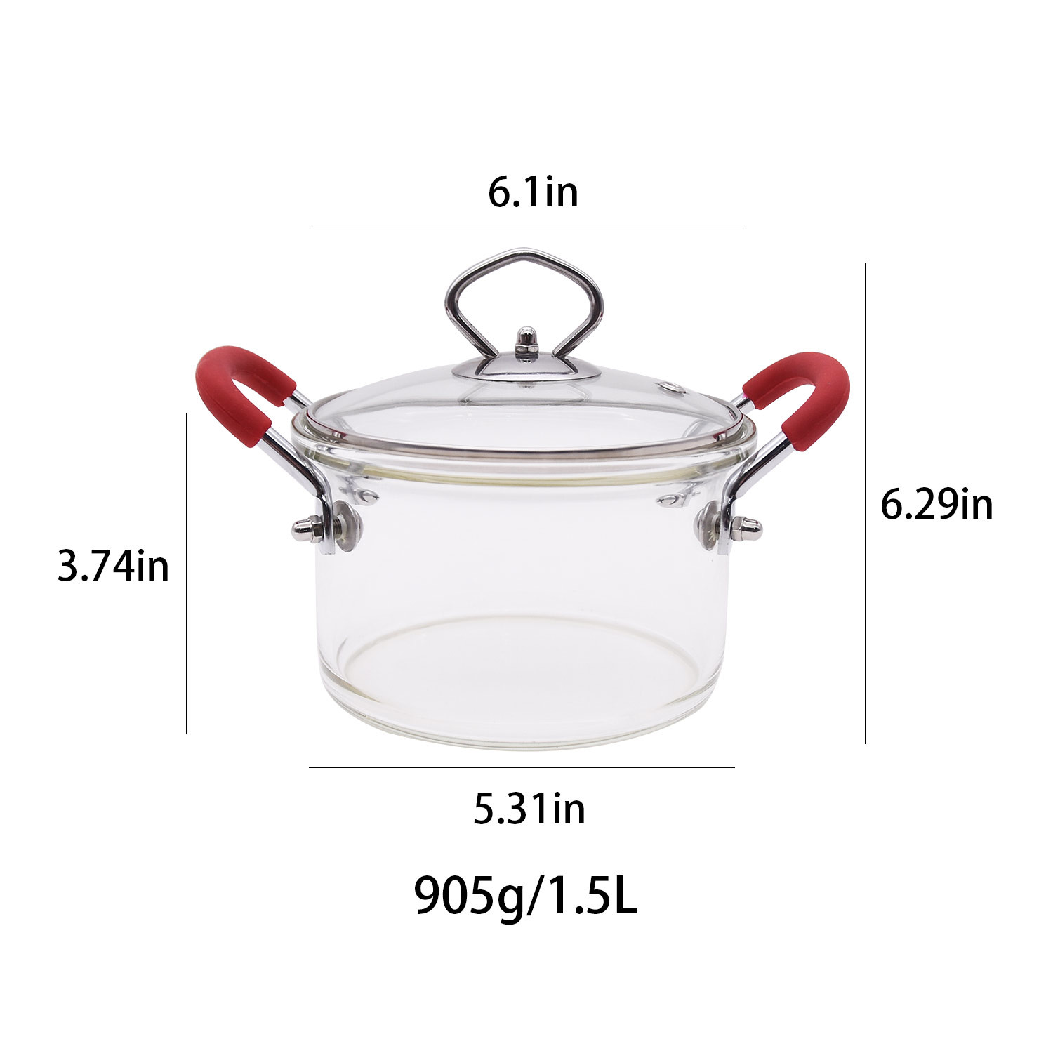 1.5L Clear Borosilicate Glass Soup Pot With Red Double Ears