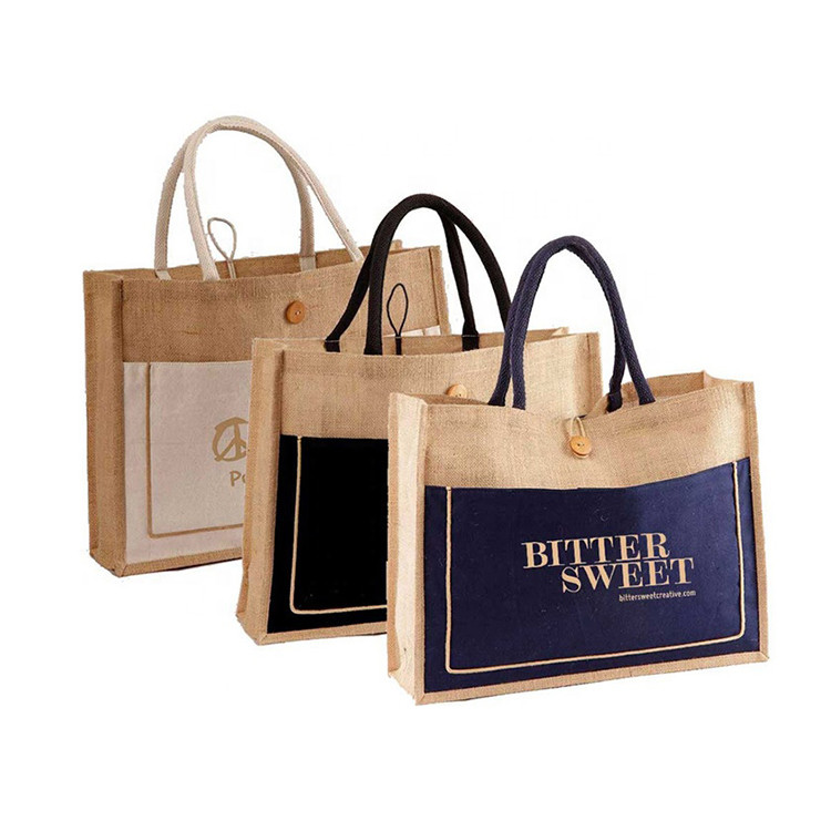 Picnic Jute Tote Bags Hessian Yellow Laminated Long Handles For Gifts