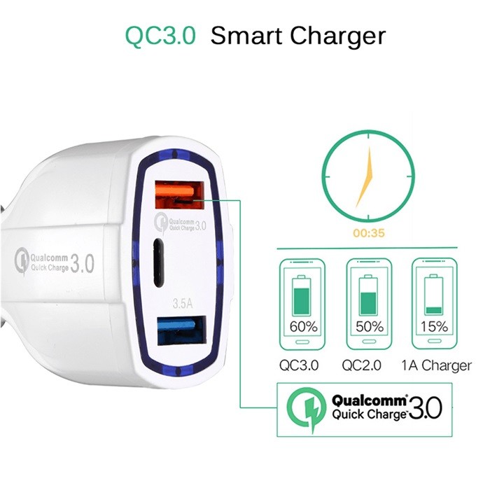Type C Fast 3 Port USB Car Charger 35W QC3.0 3.1A