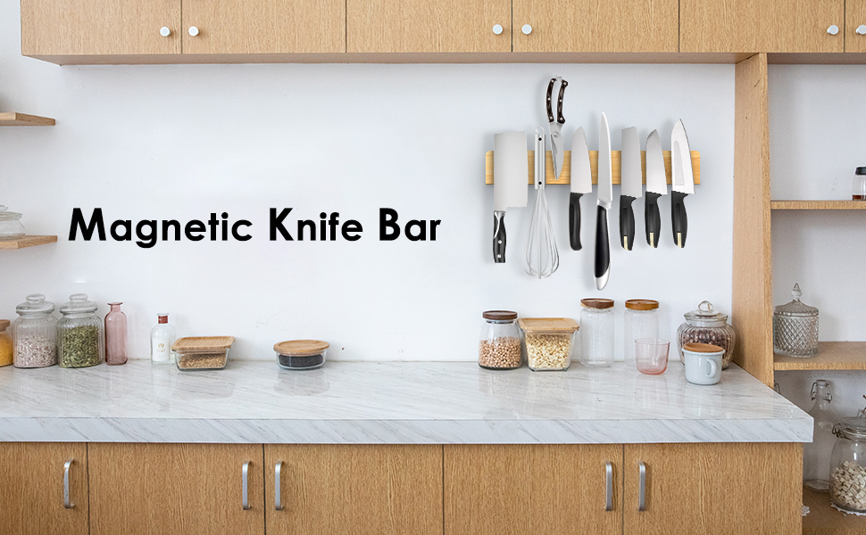 Oak Wood Magnetic Knife Holder Wall Mount Space-Saving Kitchen Accessory 680-995g