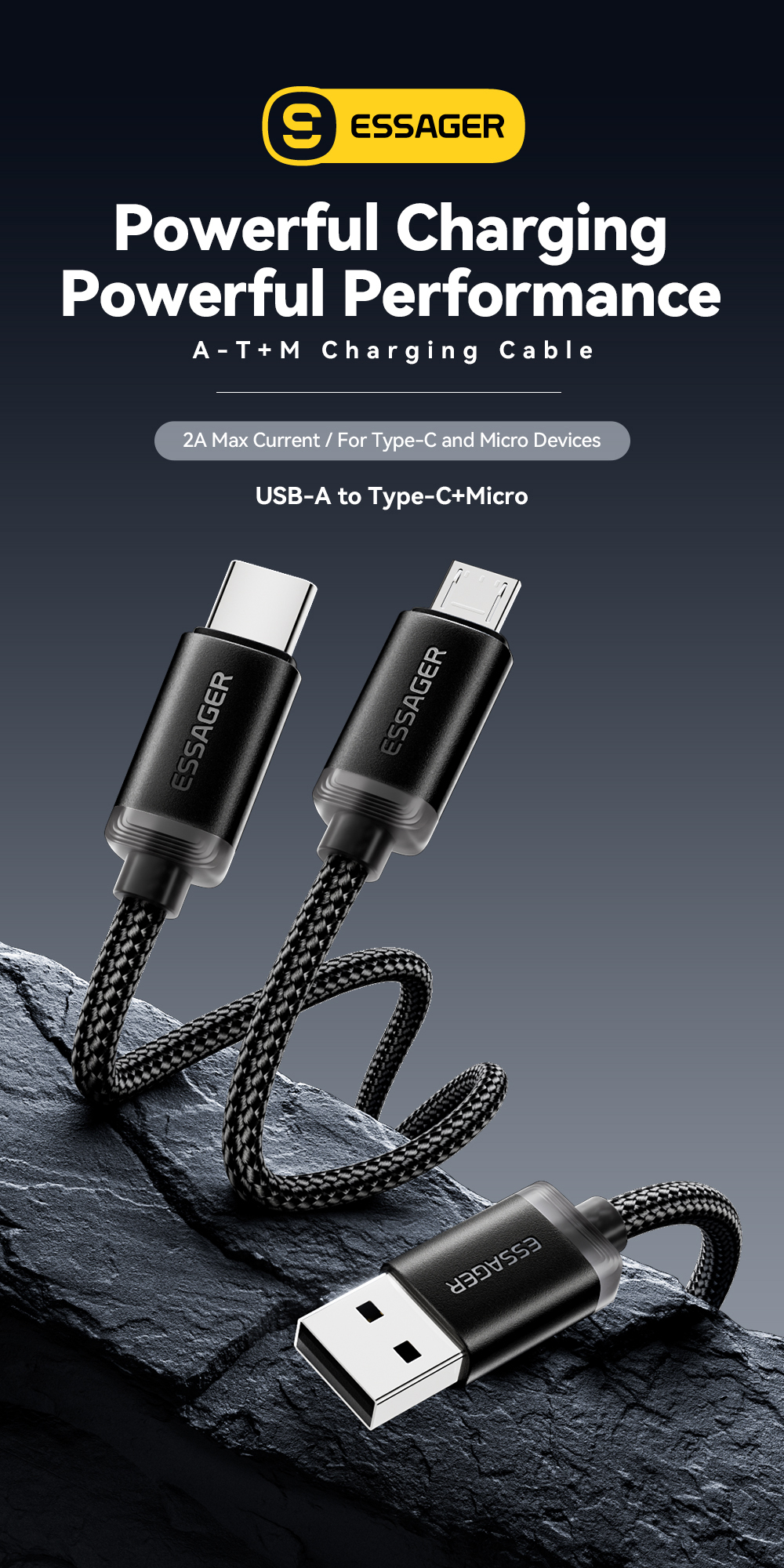 USB A To USB C 2 In 1 Micro Charging Cable 40W 1.2m ES-X60 Series