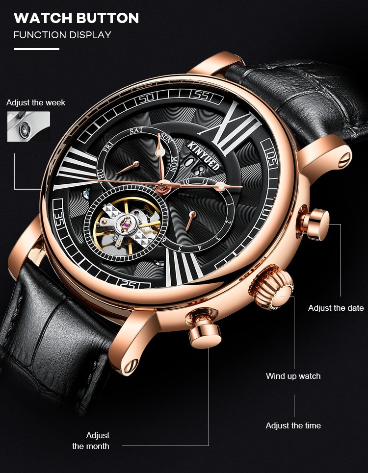 KINYUED Skeleton Leather Band Mechanical Men Watch tourbillon watch automatic