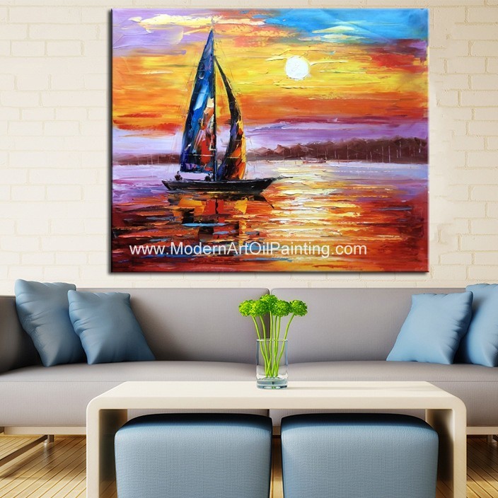 Impressionism Sunrise Seascape Oil Paintings Palette Knife Sailboat Flexible