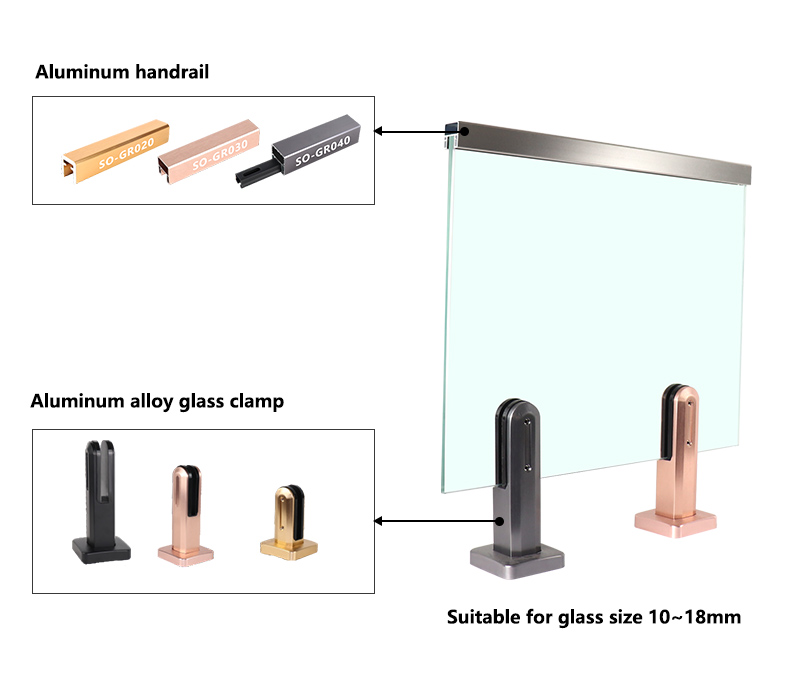 Aluminum Alloy Glass Railing Balustrades Handrails in Black/Grey/Gold/Rose Gold/Silver
