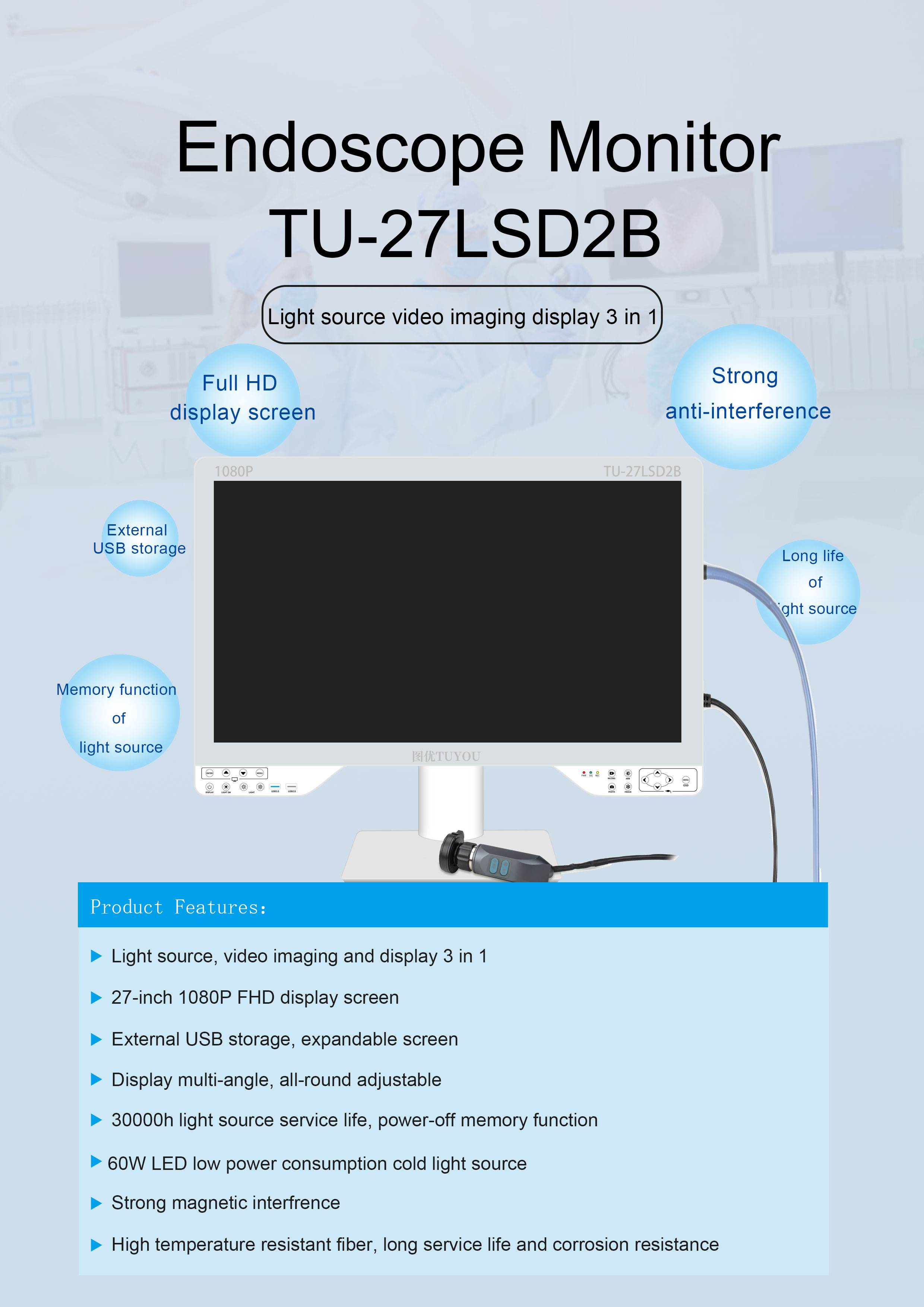 Innovative Full HD Surgical Endoscope Camera Kit With Light Source And 27'' Monitor For Gynecology