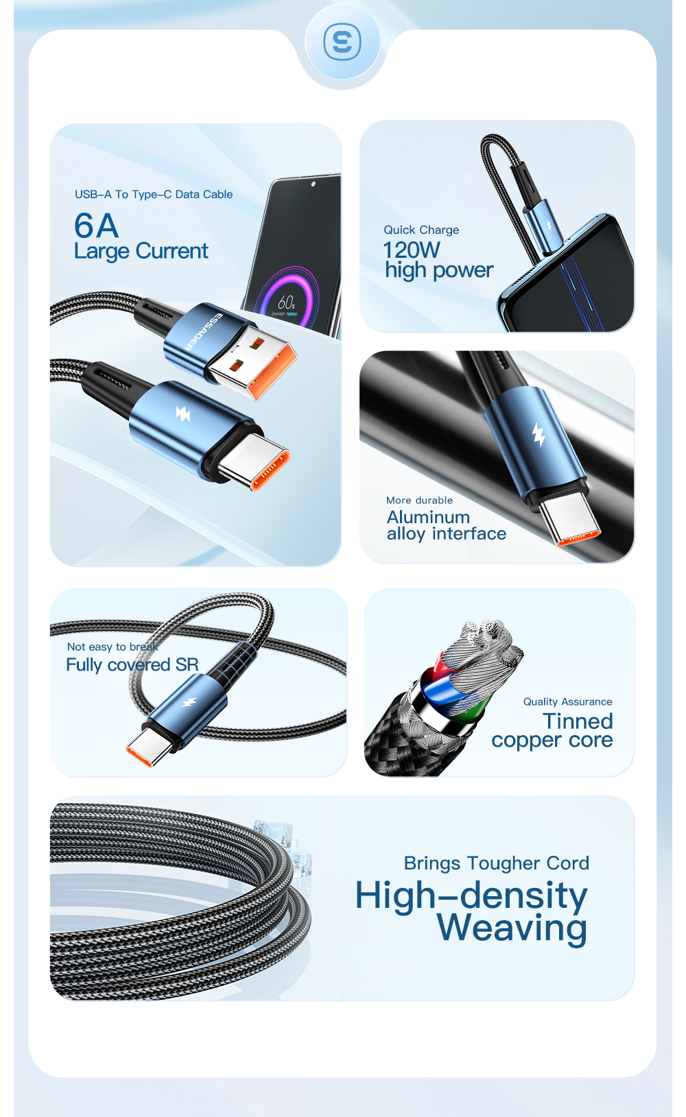 Sunset USB to Type C Cable 120W Quick Charge Type C Data Cable 6A