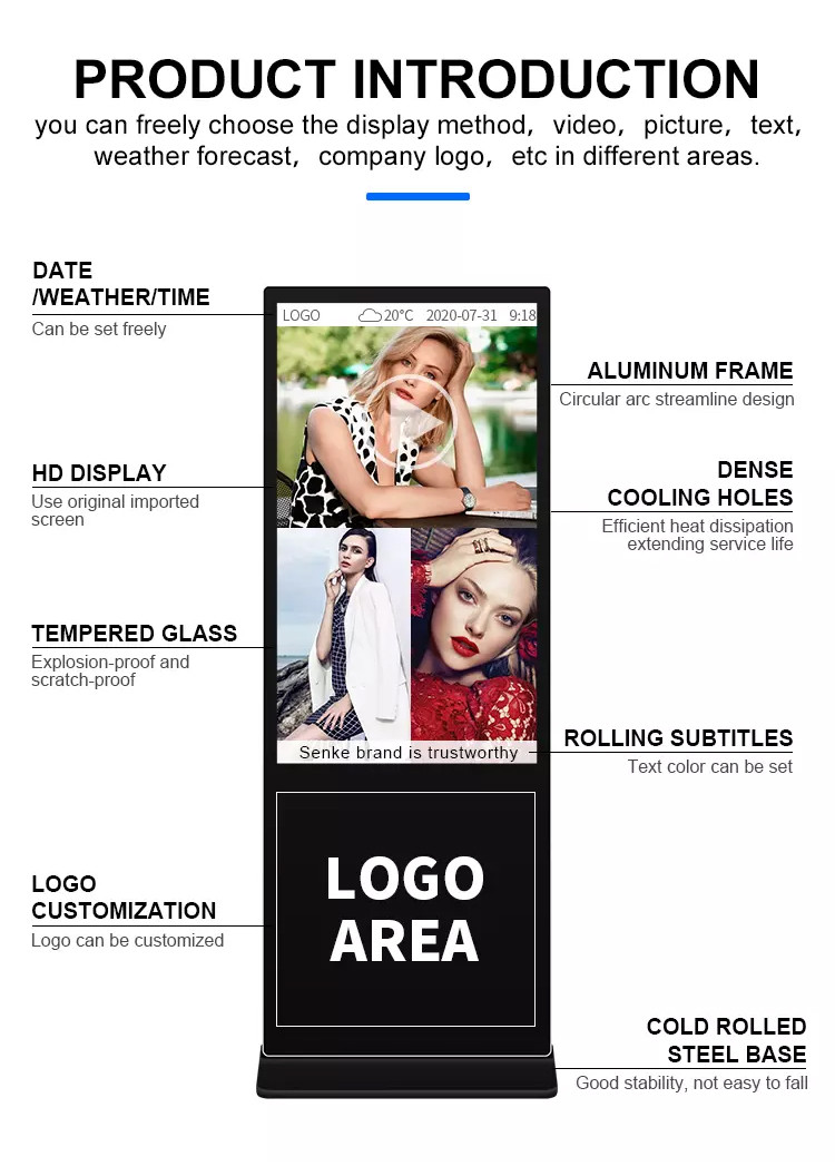 55 Inch Floor Stand Android Touch Screen Displays Advertising Players Ultra Thin Lcd Digital Signage