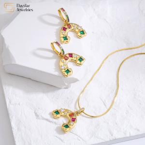 China DIY Rainbow Diamond Necklace Earrings Jewelry Set Oval Crystal 18k Brass Gold Plated Jewellery wholesale