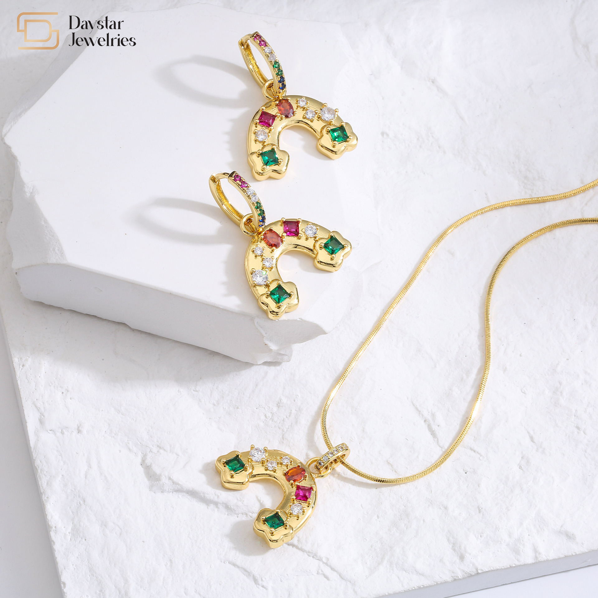 DIY Rainbow Diamond Necklace Earrings Jewelry Set Oval Crystal 18k Brass Gold Plated Jewellery