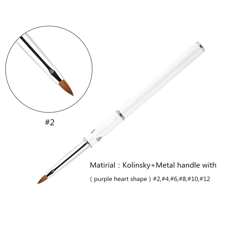 #2~#24 100% Kolinsky hair Sable Brush White Metal Handle With Purple Heart Shape Oval Acrylic Nail Art Brush