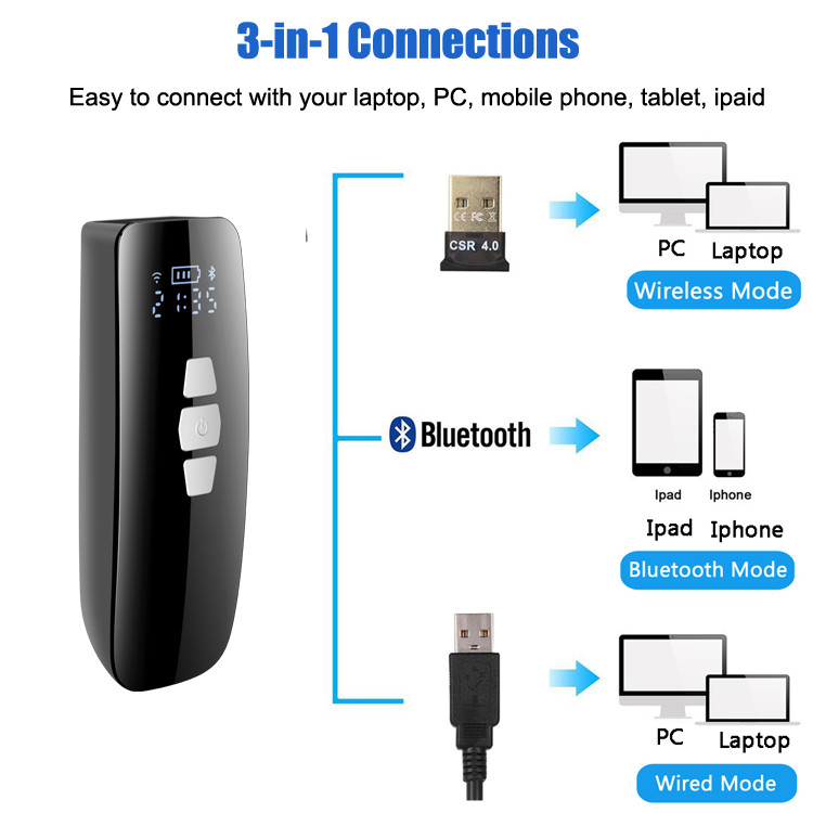 Portable 2D Qr Code Reader Barcode Scanner BT 2.4G Wireless Pocket Handheld