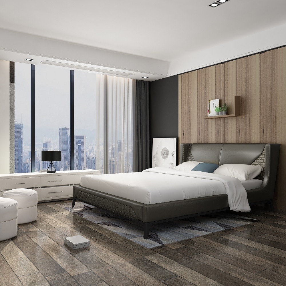 Leather Upholstered Modern Design King Size Bed