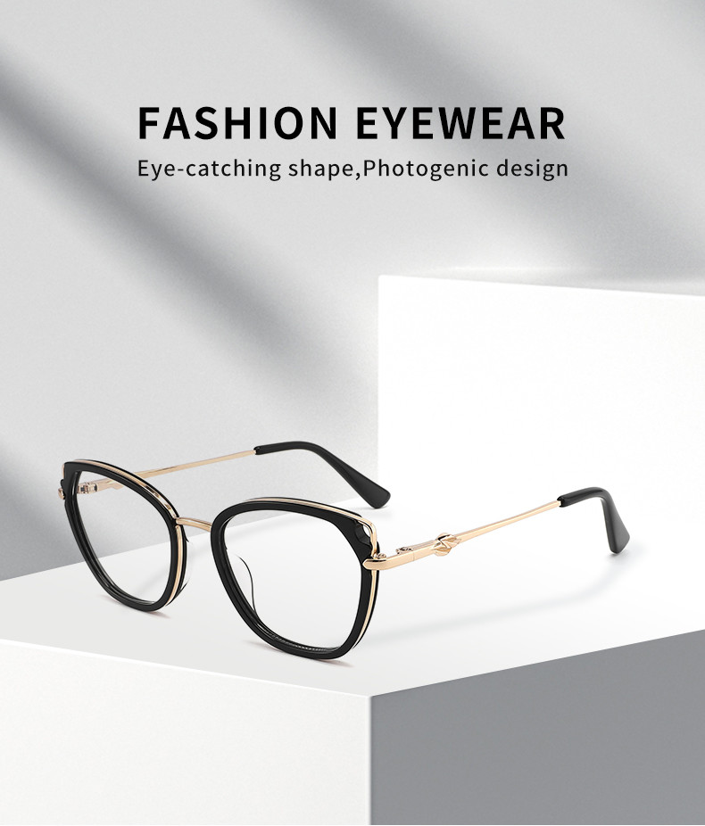 Optical Acetate And Metal Eyeglasses Slim Metal Temples Cat Eye Shape For Women