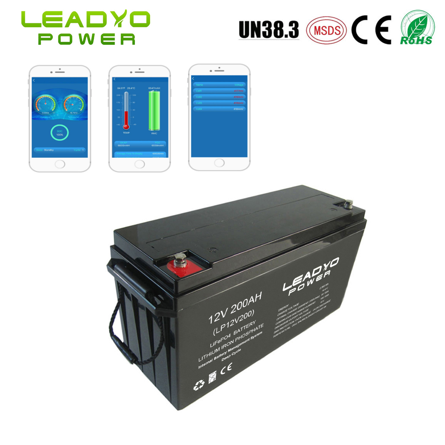 Rechargeable IP66 Lithium ion Marine Battery 12V 200Ah LiFePO4 Deep Cycle Batteries with Smart App