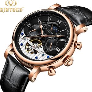 China KINYUED moon phase skeleton watch tourbillon mens automatic mechanical watch luxury wholesale