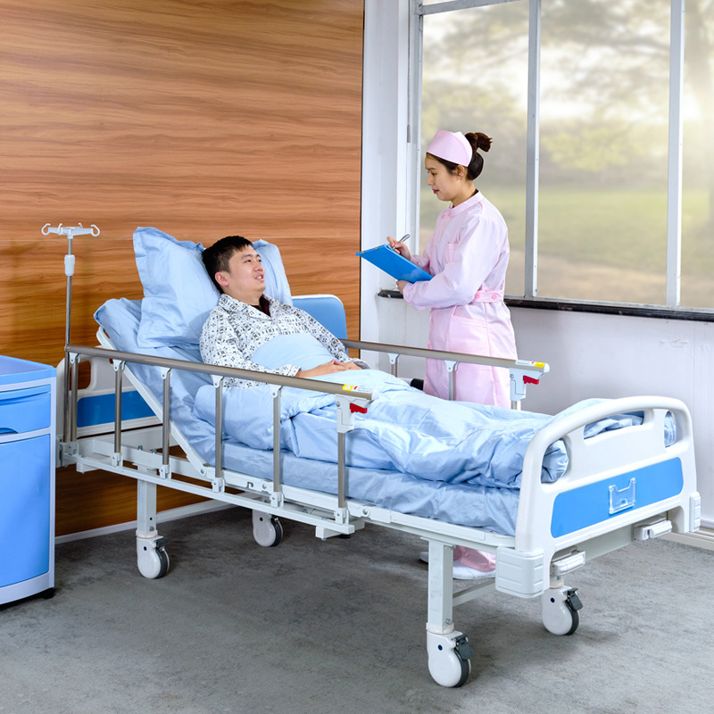 Durable 2 Cranks 2 Function Foldable Clinic Medical Metal Adjustable Manual Nursing Patient Hospital Bed With Casters