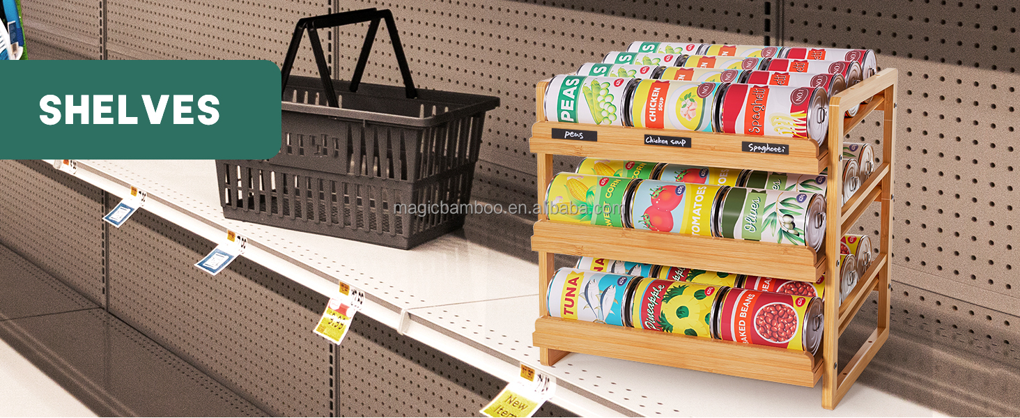 Food 3 Tier Stackable Bamboo Can Holder Storage Organizer with Sustainable Label Sticker