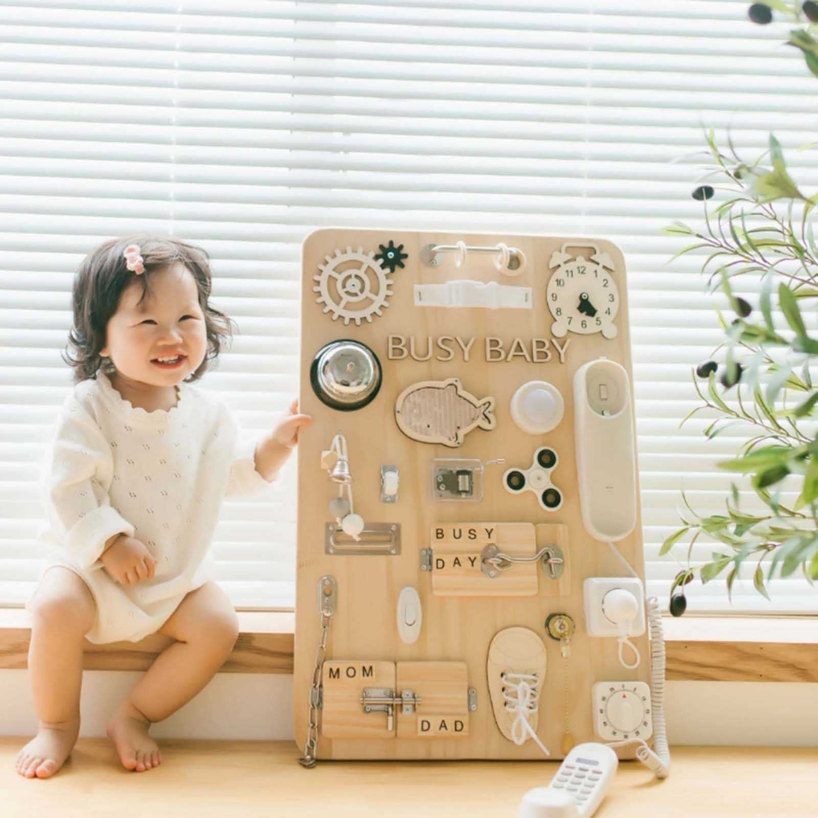 Wooden Handmade Baby Activity Boards Featuring Keys Lock Latches and Time Telling Clock