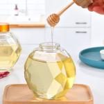 Luxury Hexagon Empty Glass Honey Jars 380ml With Dipper