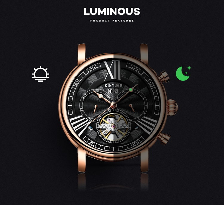 KINYUED Skeleton Leather Band Mechanical Men Watch tourbillon watch automatic