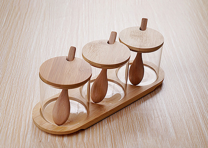 Seasonings Transparent Glass Jars Flavor Bottle Set With Wooden Spoon Tray